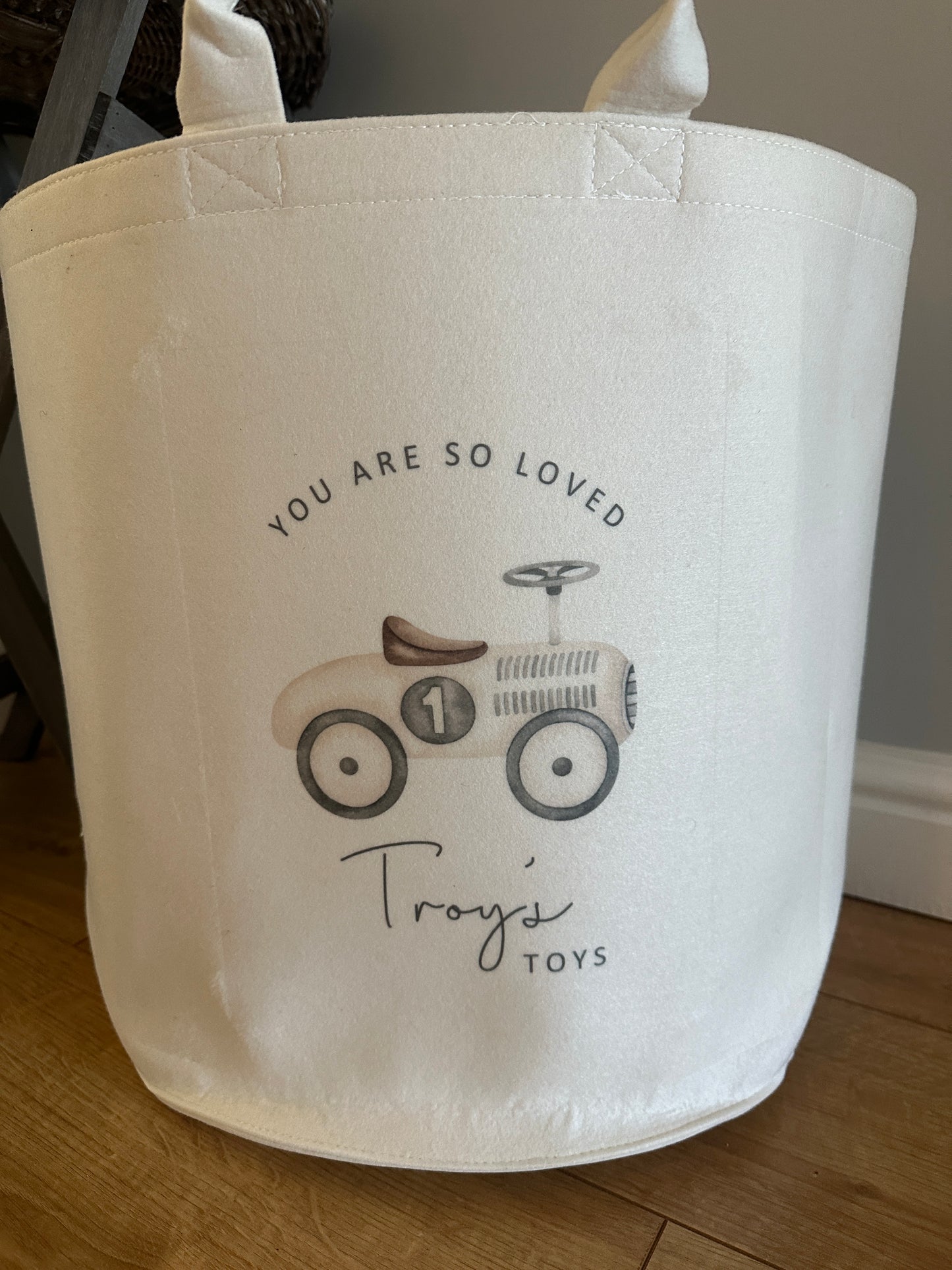 Personalised Toy Storage Basket - Wooden Toys, Vintage Toy Themed, Neutral Decor