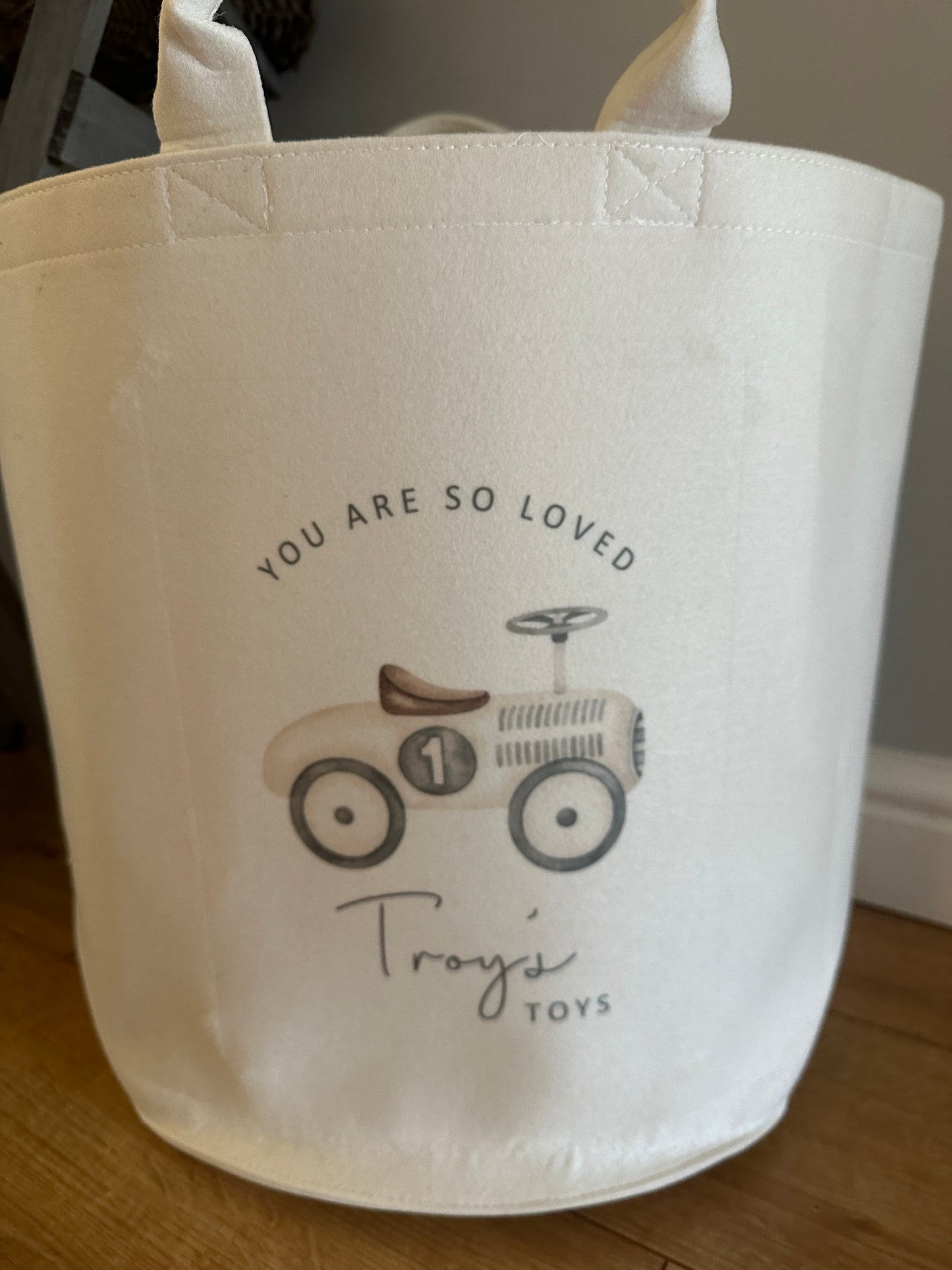 Personalised Toy Storage Basket - Wooden Toys, Vintage Toy Themed, Neutral Decor