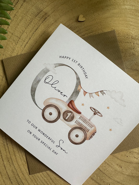 Personalised Birthday Card for Grandson, Son, Nephew, Godson - Vintage Car
