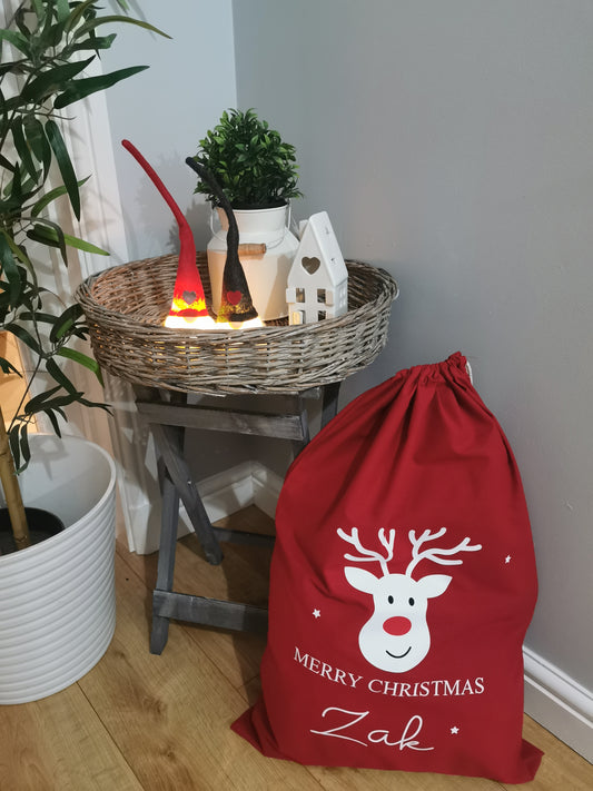 Personalised X Large Red Christmas Sack - Reindeer - English or Welsh