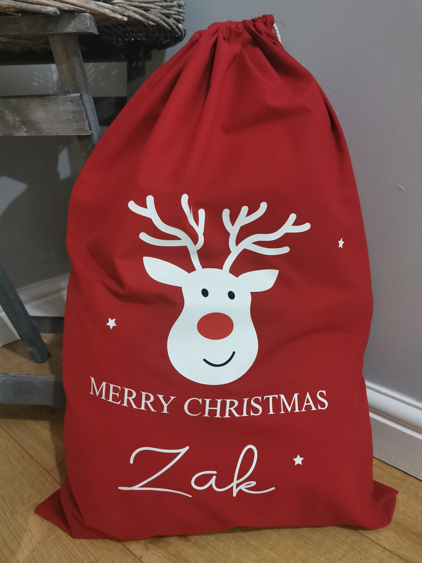 Personalised X Large Red Christmas Sack - Reindeer - English or Welsh