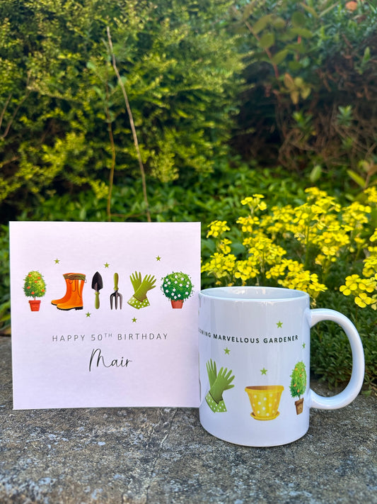 Personalised Gardening Mug, Card or Set - Blooming Marvellous Gardener - Great gift for Birthdays or Father's Day