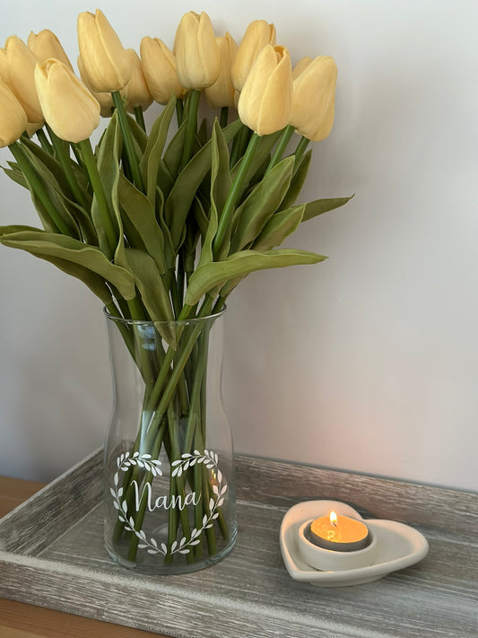 Personalised Glass Flower Vase - Heart - Mum, Mummy, Nana, Auntie, Any Name