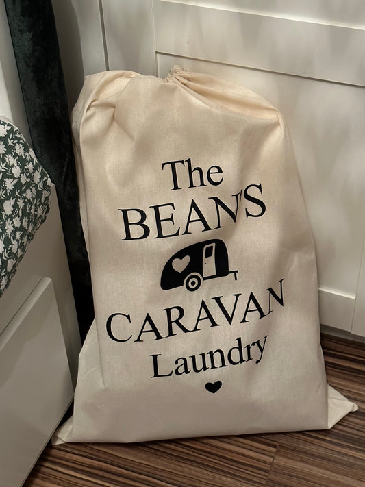 Personalised X Large Caravan Laundry Sack - Caravanning - English or Welsh - Drawstring Bag, Washing Bag, Laundry, Family Name