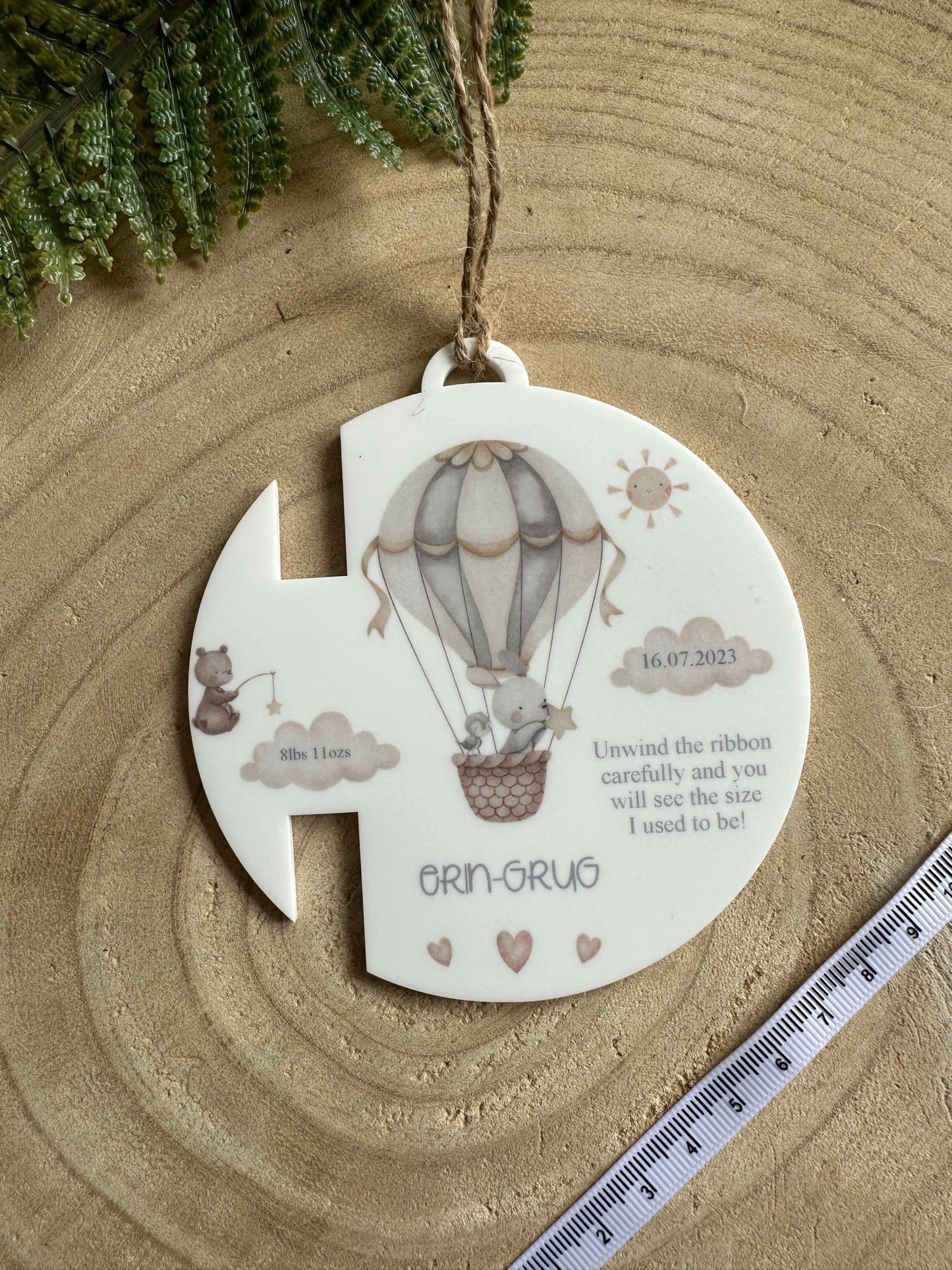 Personalised New Baby Gift with Special Measuring Ribbon - Hot Air Balloon Themed - Neutral Decor