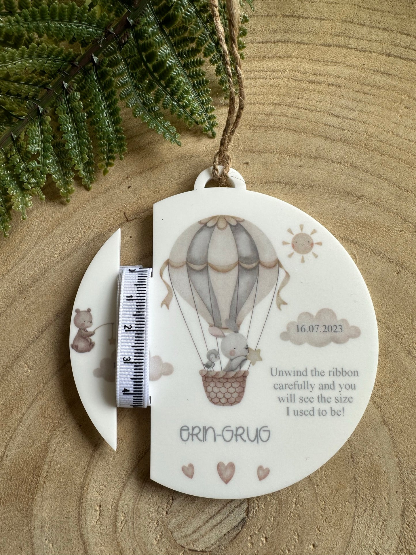 Personalised New Baby Gift with Special Measuring Ribbon - Hot Air Balloon Themed - Neutral Decor