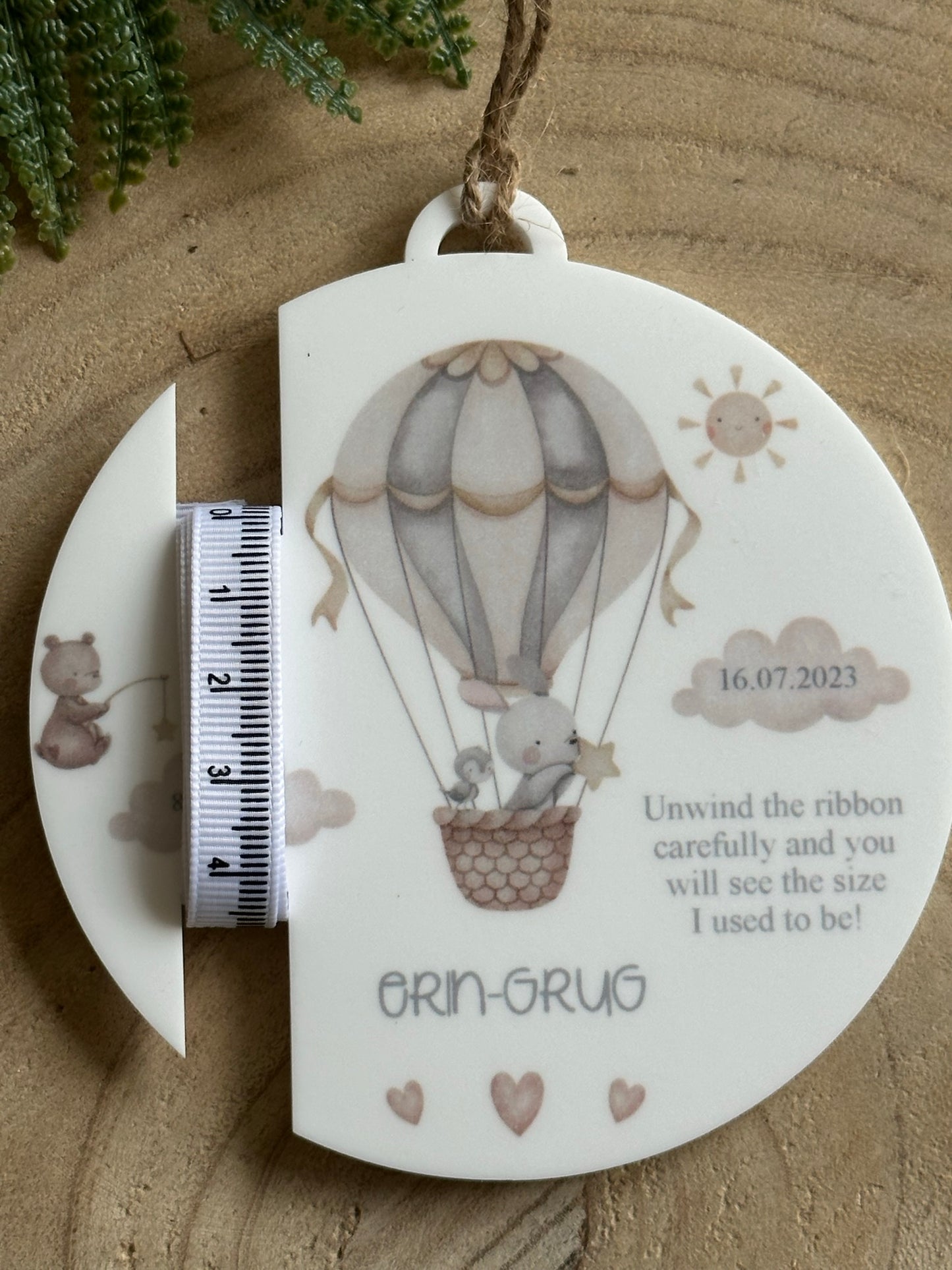 Personalised New Baby Gift with Special Measuring Ribbon - Hot Air Balloon Themed - Neutral Decor