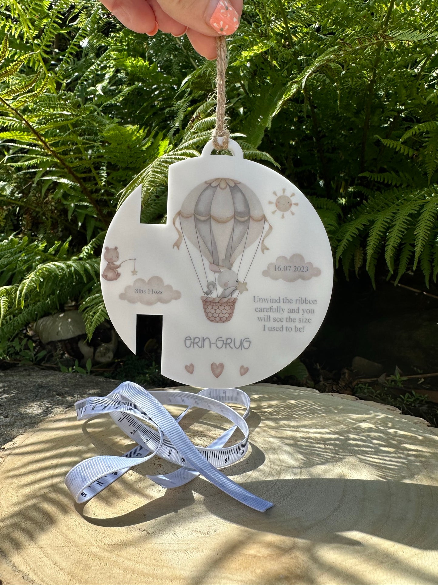 Personalised New Baby Gift with Special Measuring Ribbon - Hot Air Balloon Themed - Neutral Decor