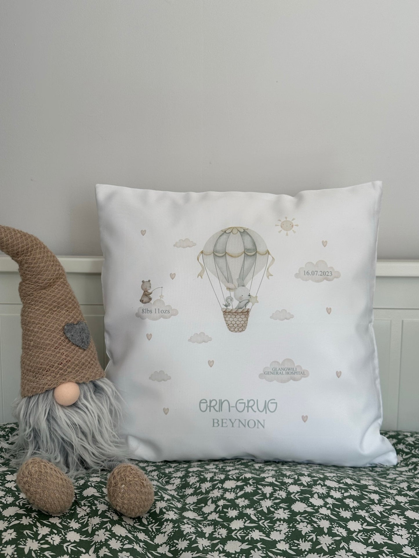 Personalised New Baby Keepsake Cushion featuring baby details - Hot Air Balloon Themed - Neutral Decor