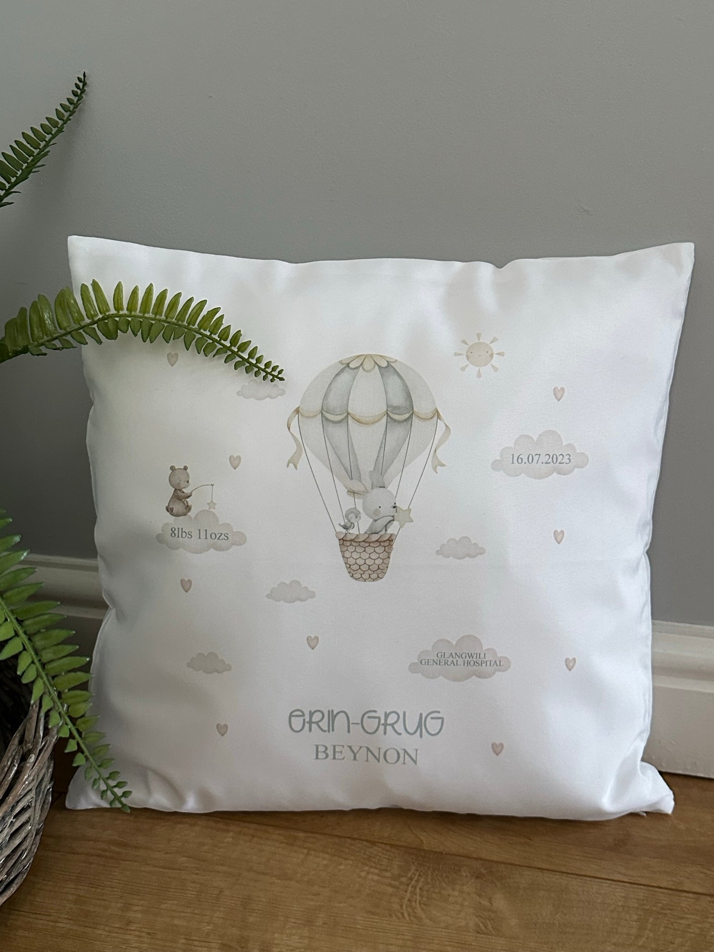 Personalised New Baby Keepsake Cushion featuring baby details - Hot Air Balloon Themed - Neutral Decor