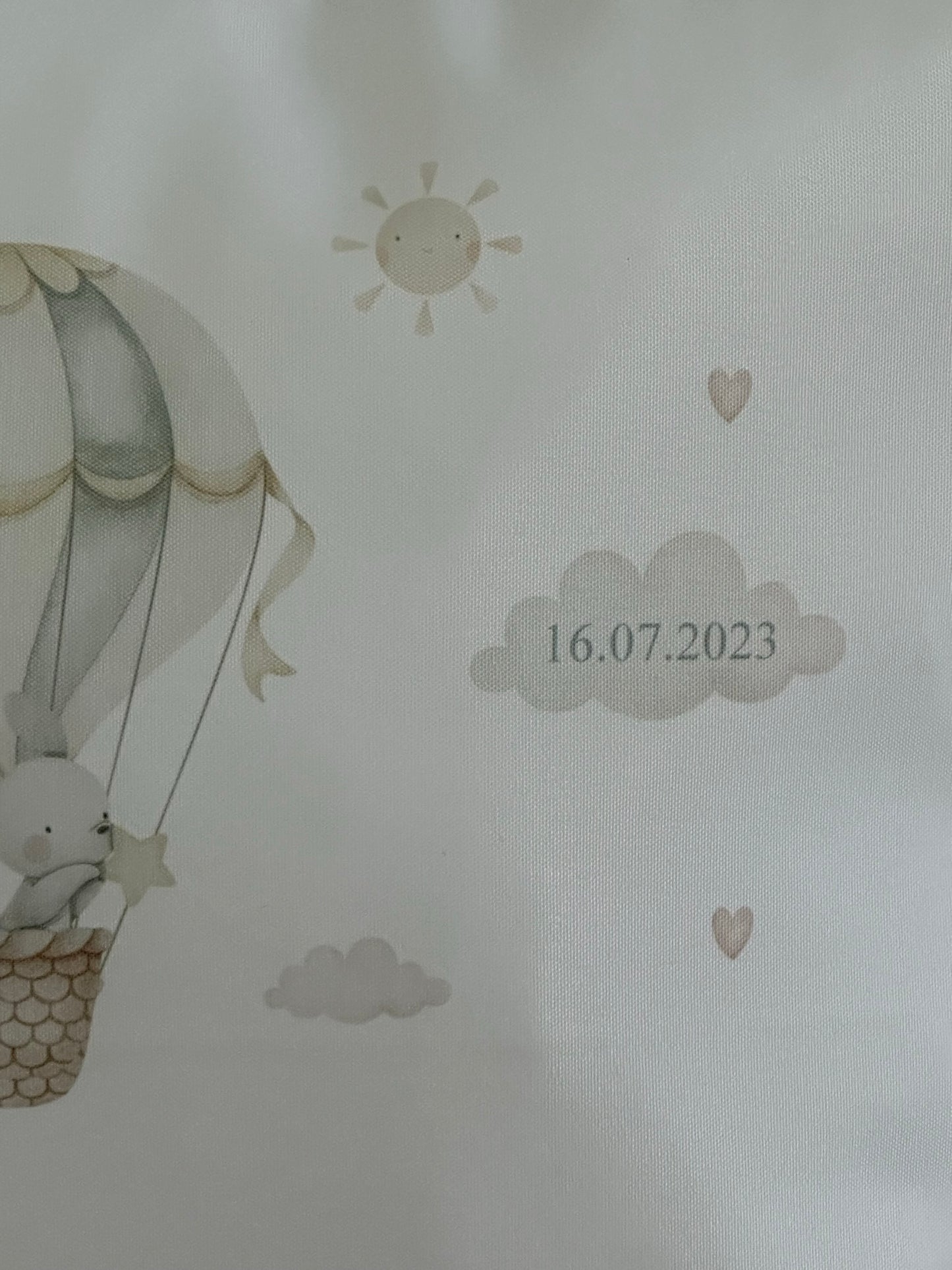 Personalised New Baby Keepsake Cushion featuring baby details - Hot Air Balloon Themed - Neutral Decor