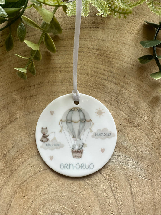 Personalised Ceramic New Baby Keepsake - Hot Air Balloon Themed - Neutral Decor