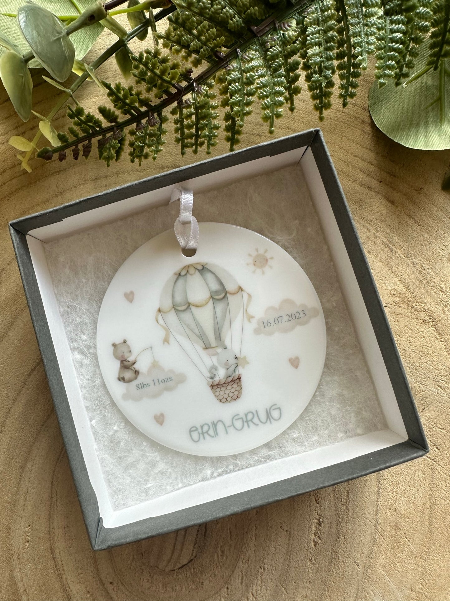 Personalised Ceramic New Baby Keepsake - Hot Air Balloon Themed - Neutral Decor