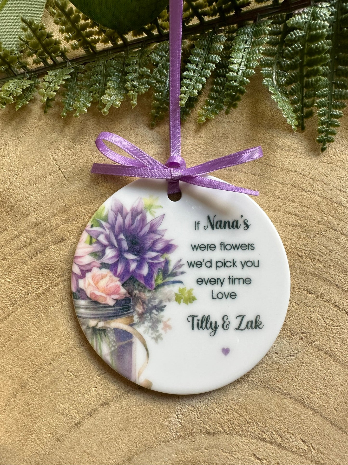 Personalised Nana, Nan, Gran, Grandma Ceramic Sign - Hanging decoration with flowers - Love from...