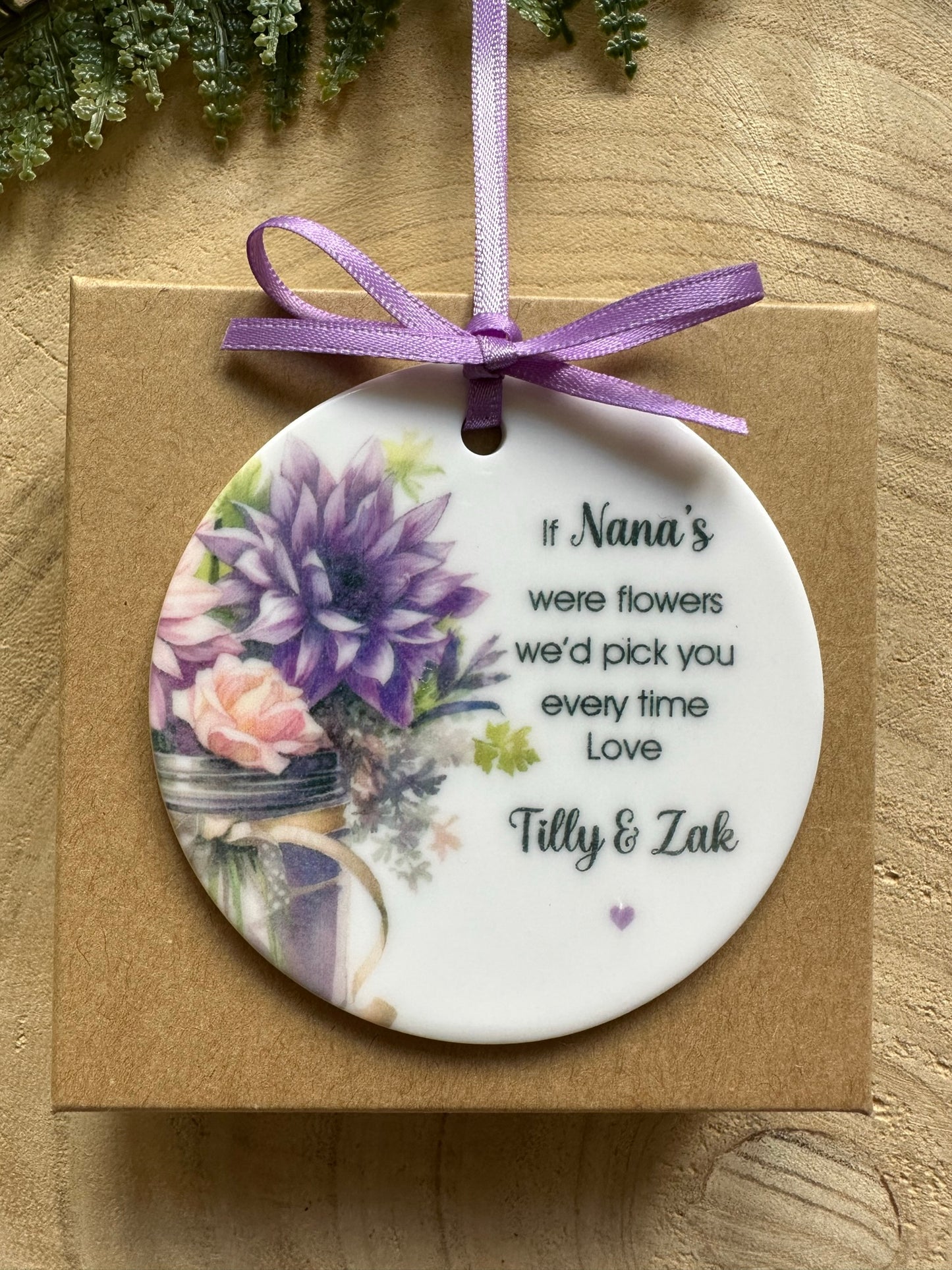 Personalised Nana, Nan, Gran, Grandma Ceramic Sign - Hanging decoration with flowers - Love from...