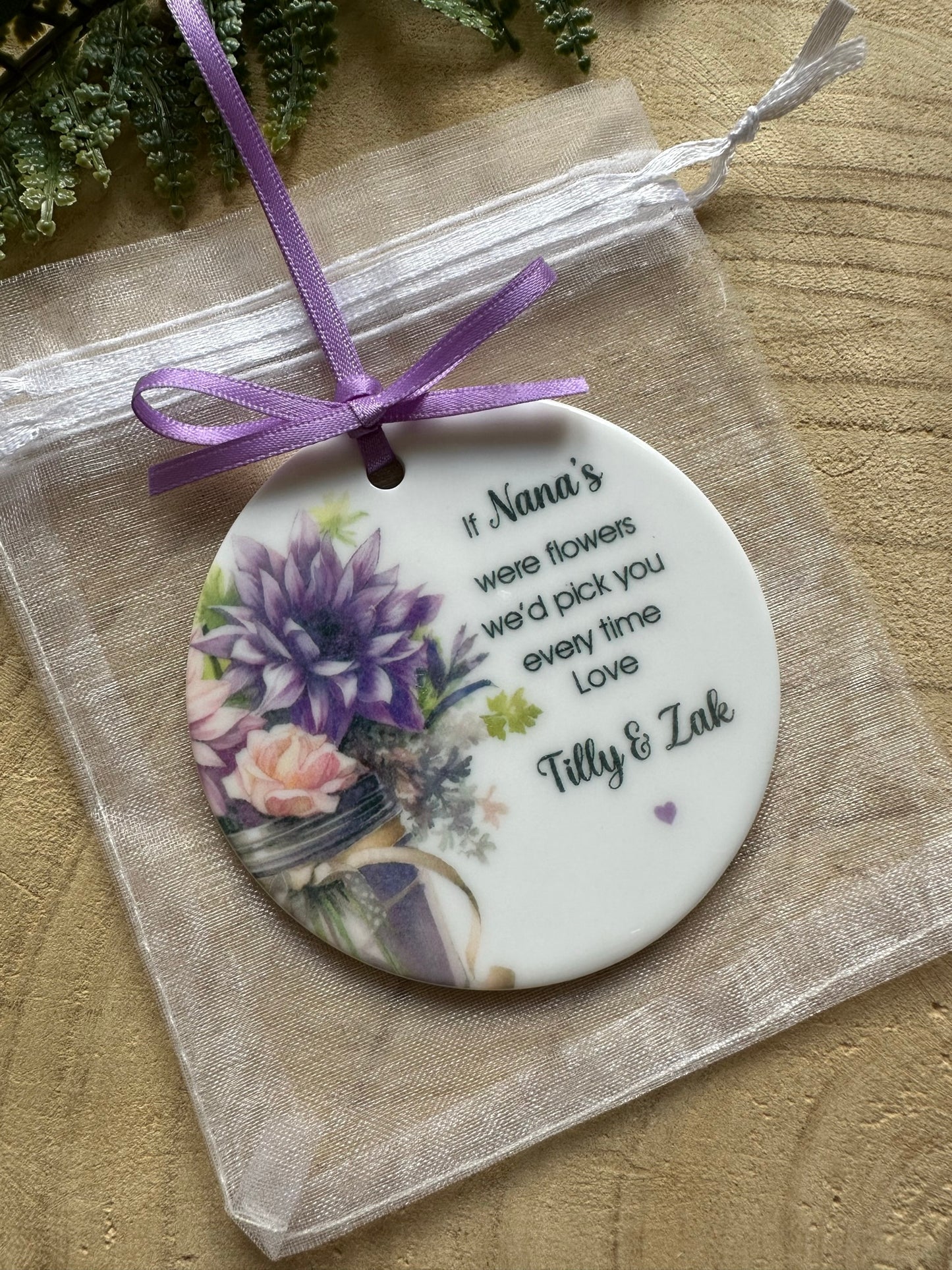 Personalised Nana, Nan, Gran, Grandma Ceramic Sign - Hanging decoration with flowers - Love from...