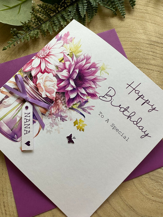 Personalised Birthday Card - Purple Flower Bouquet - Mum, Friend, Auntie, Wife, Daughter, Nana, Gran - Any Name