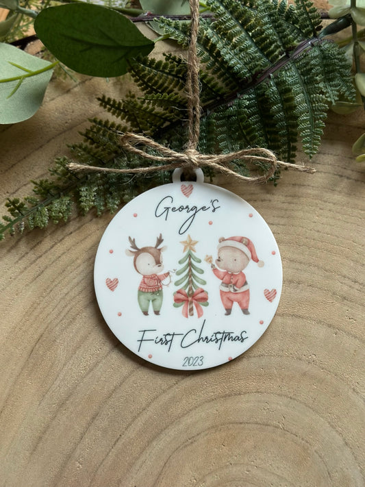 Personalised 1st Christmas Keepsake - First Christmas Bauble, Woodland Theme, Tree Decoration, Christmas Gift