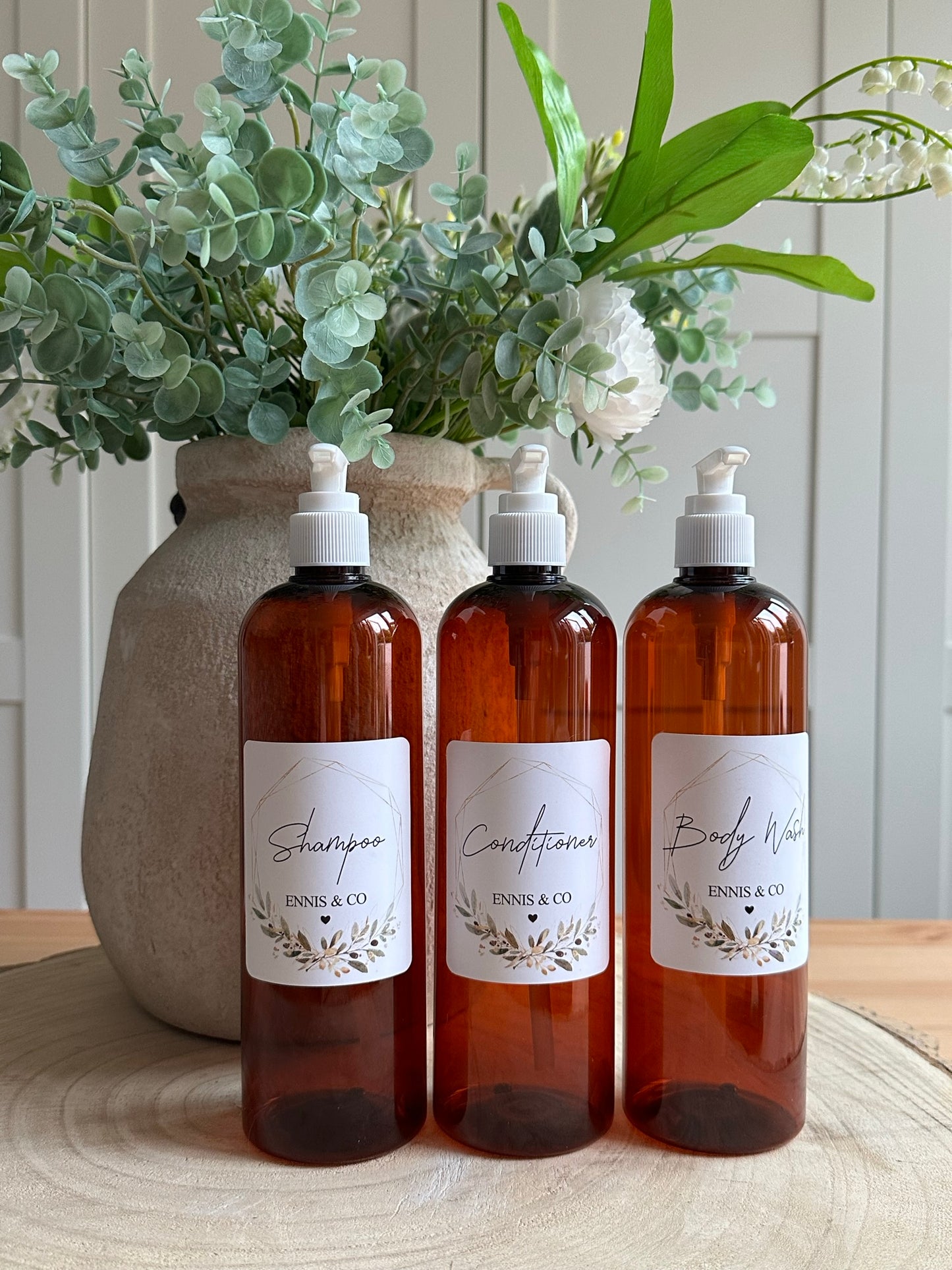 Refillable Personalised Amber Bathroom Bottles - Any Wording 3 or 4 bottles - Surname, Street Name or House Name, Declutter, Reusable