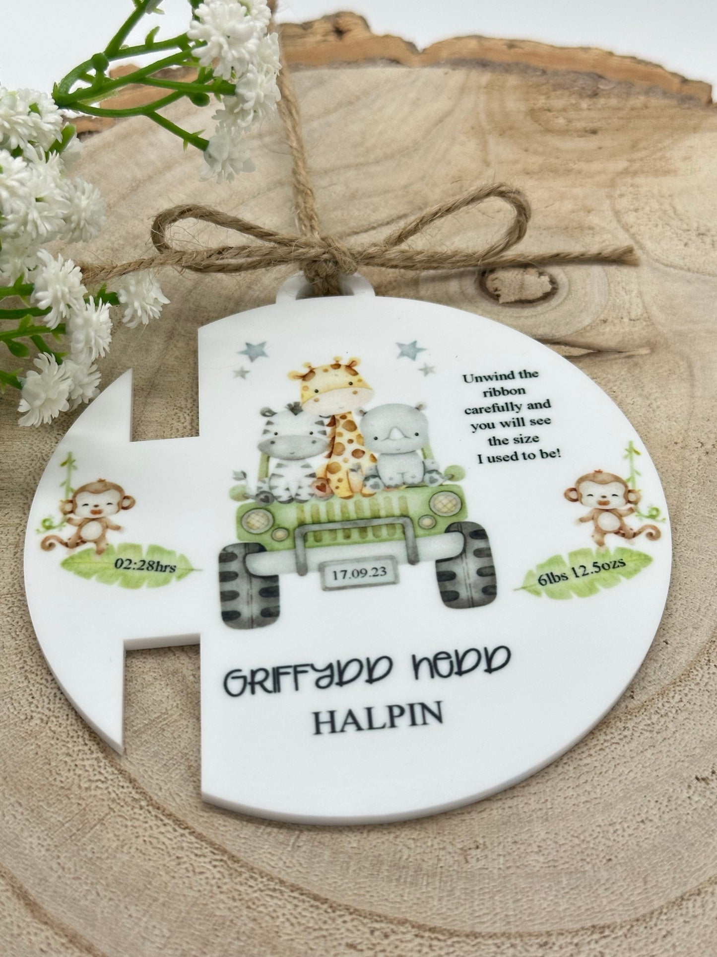 Personalised New Baby Gift with Special Measuring Ribbon - Safari Themed - Neutral Decor