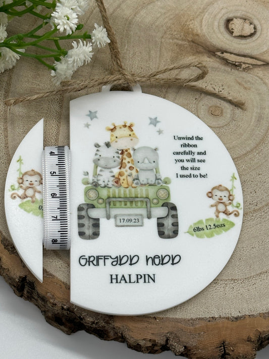 Personalised New Baby Gift with Special Measuring Ribbon - Safari Themed - Neutral Decor