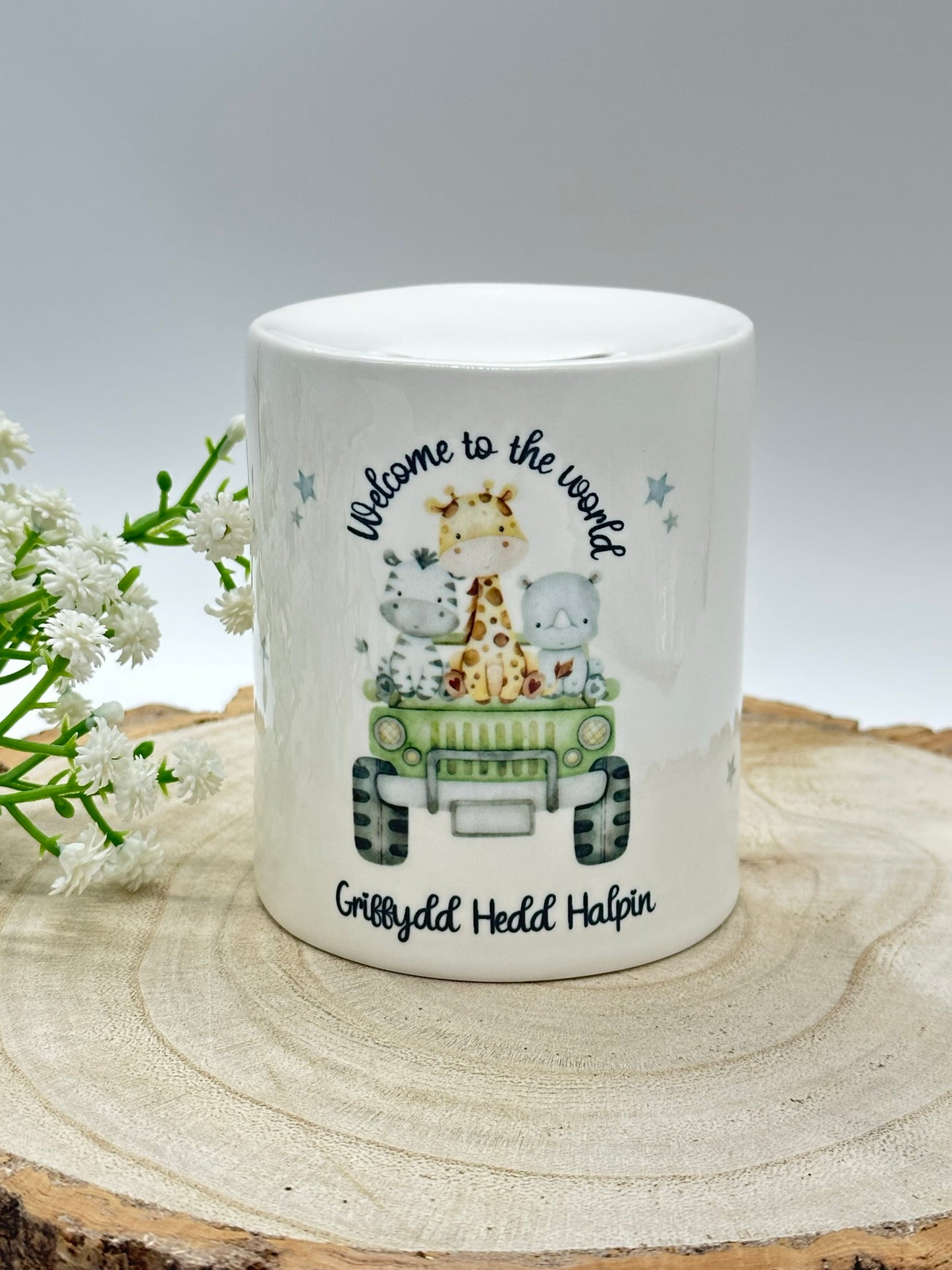 Personalised Ceramic Money Box - New Baby, Christening, First Birthday - Safari Themed