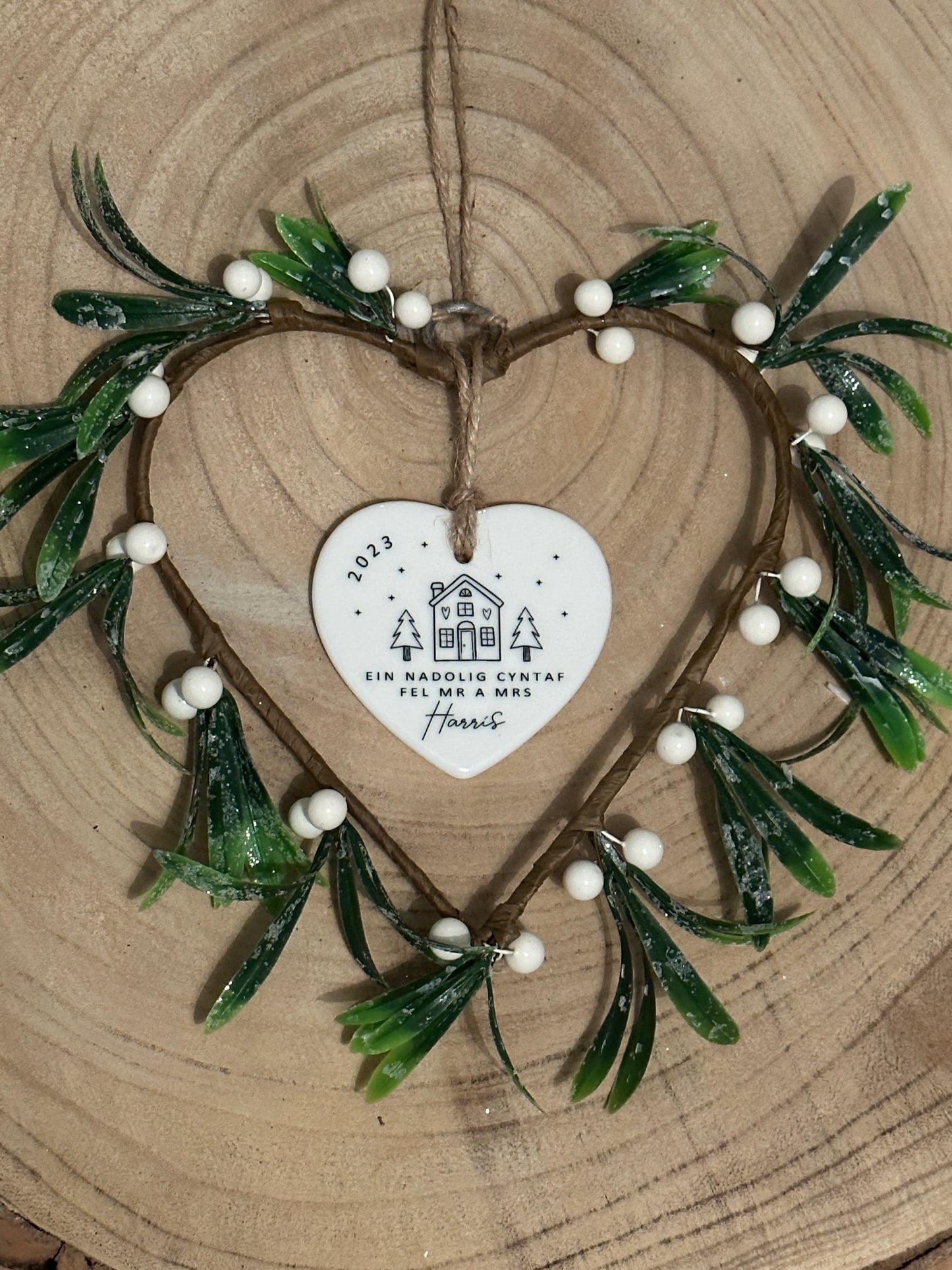 Personalised First Christmas as Mr and Mrs Decoration | Christmas Gift | Wedding Gift | Mistletoe Hanging Gift with Ceramic Heart | English or Welsh | Nadolig Cyntaf