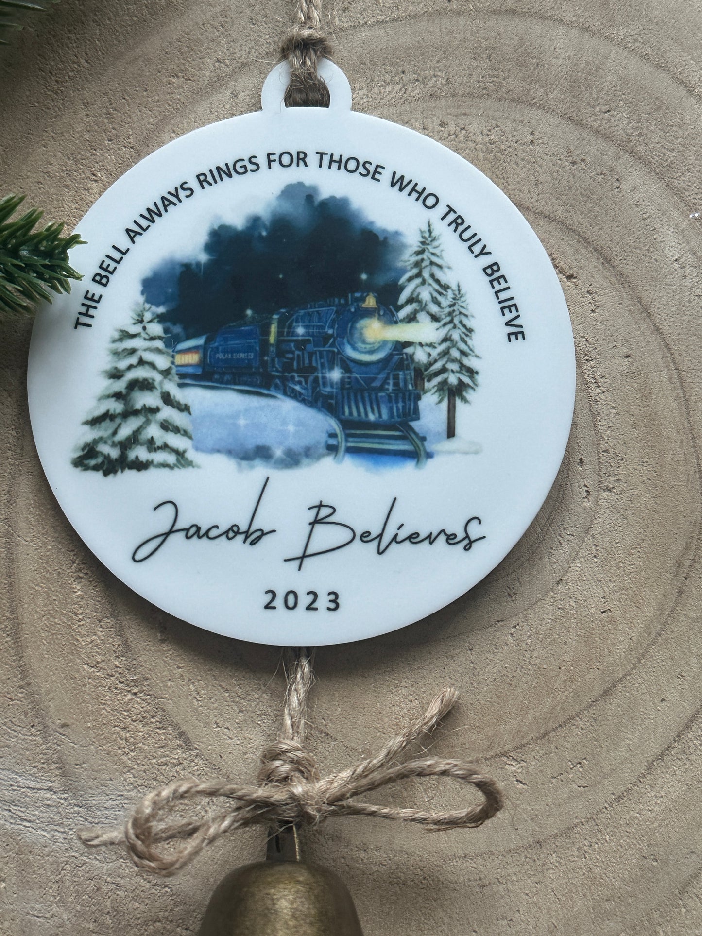 Personalised Believe Bauble - The bell always rings for those who truly believe -  Decoration, Tree Decoration, Bell - English or Welsh - Polar Express Style Train