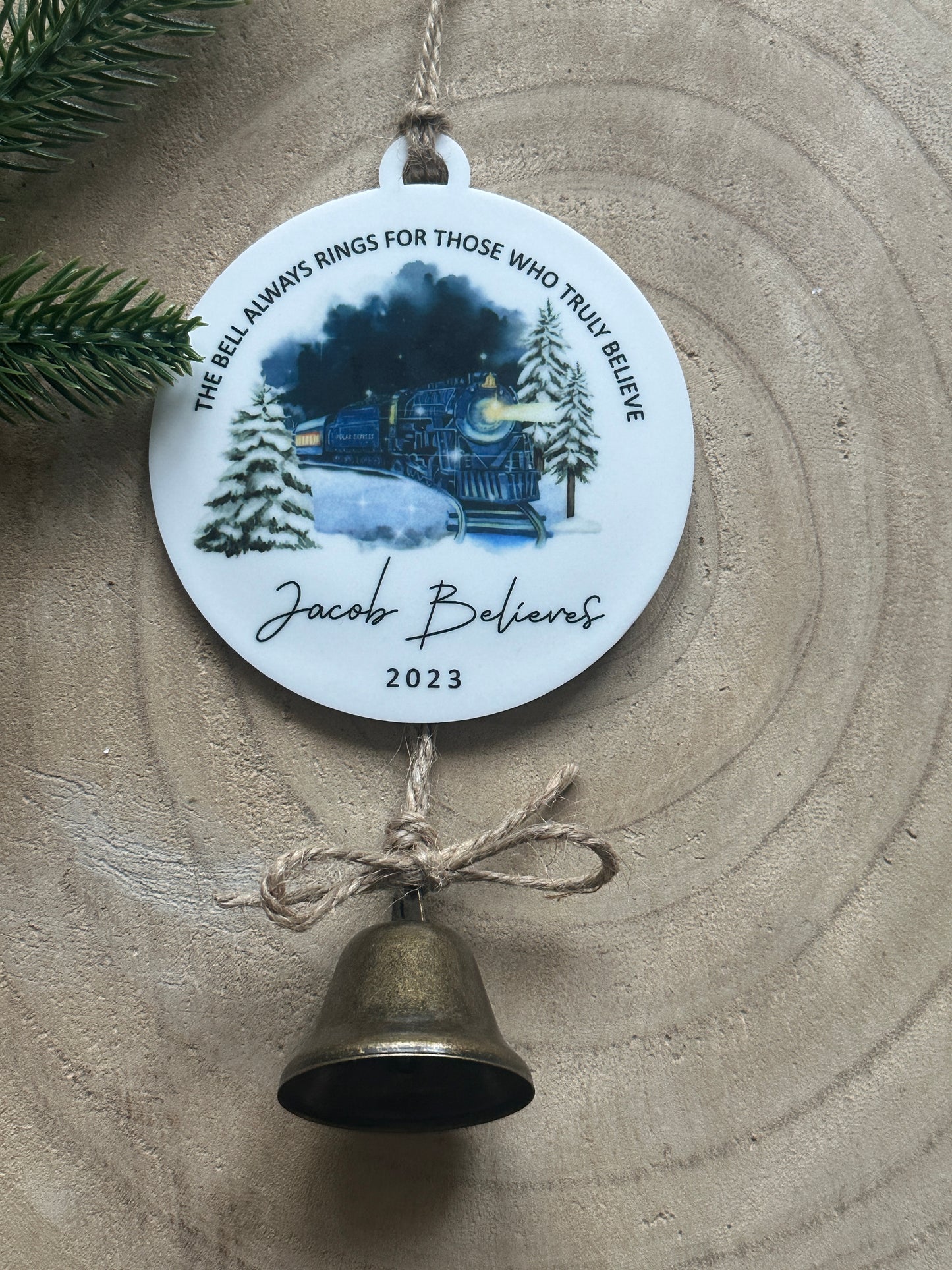 Personalised Believe Bauble - The bell always rings for those who truly believe -  Decoration, Tree Decoration, Bell - English or Welsh - Polar Express Style Train