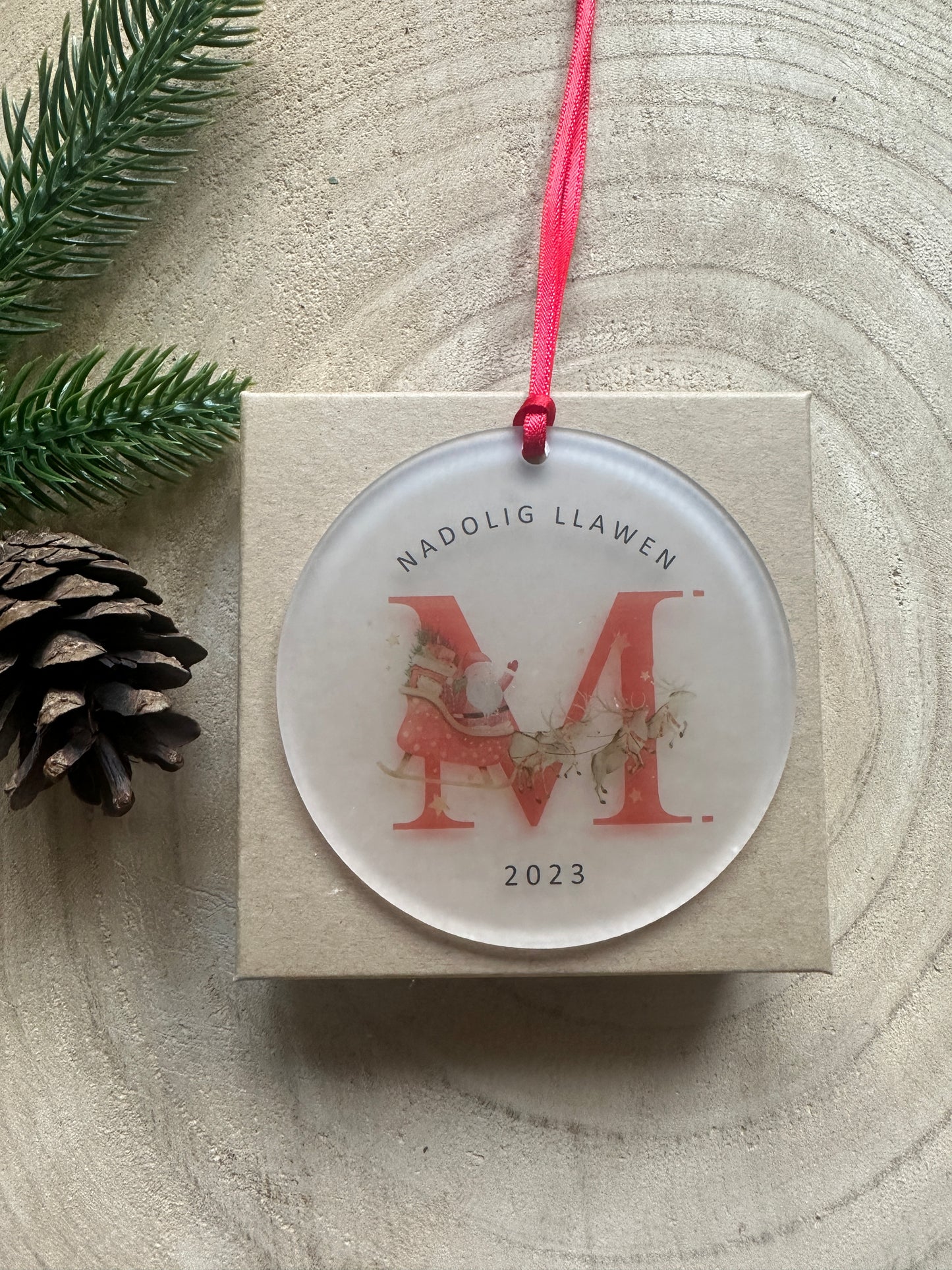 Personalised Santa and Letter Tree Decoration - English or Welsh - Any letter of the Alphabet - Bauble - Gift Wrapped