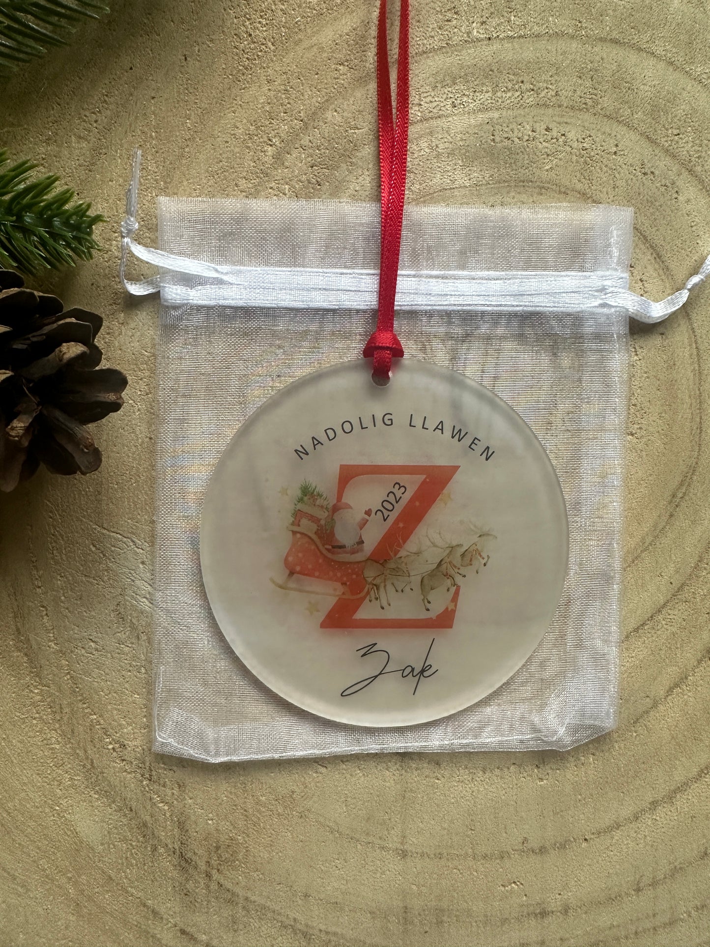 Personalised Santa and Letter Tree Decoration - English or Welsh - Any letter of the Alphabet - Bauble - Gift Wrapped