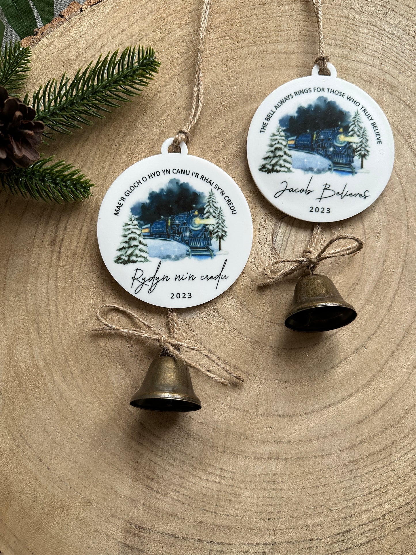 Personalised Believe Bauble - The bell always rings for those who truly believe -  Decoration, Tree Decoration, Bell - English or Welsh - Polar Express Style Train