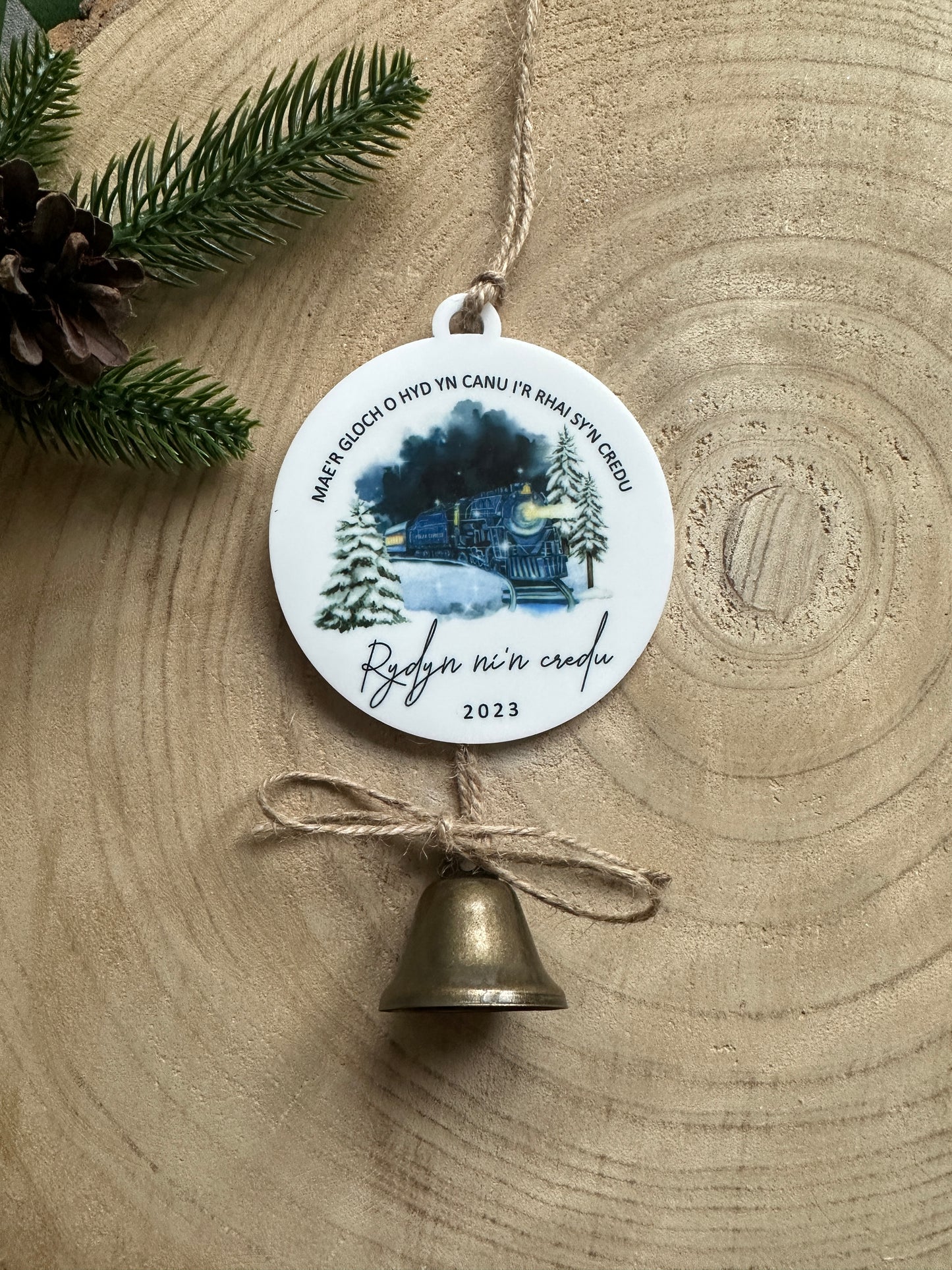 Personalised Believe Bauble - The bell always rings for those who truly believe -  Decoration, Tree Decoration, Bell - English or Welsh - Polar Express Style Train