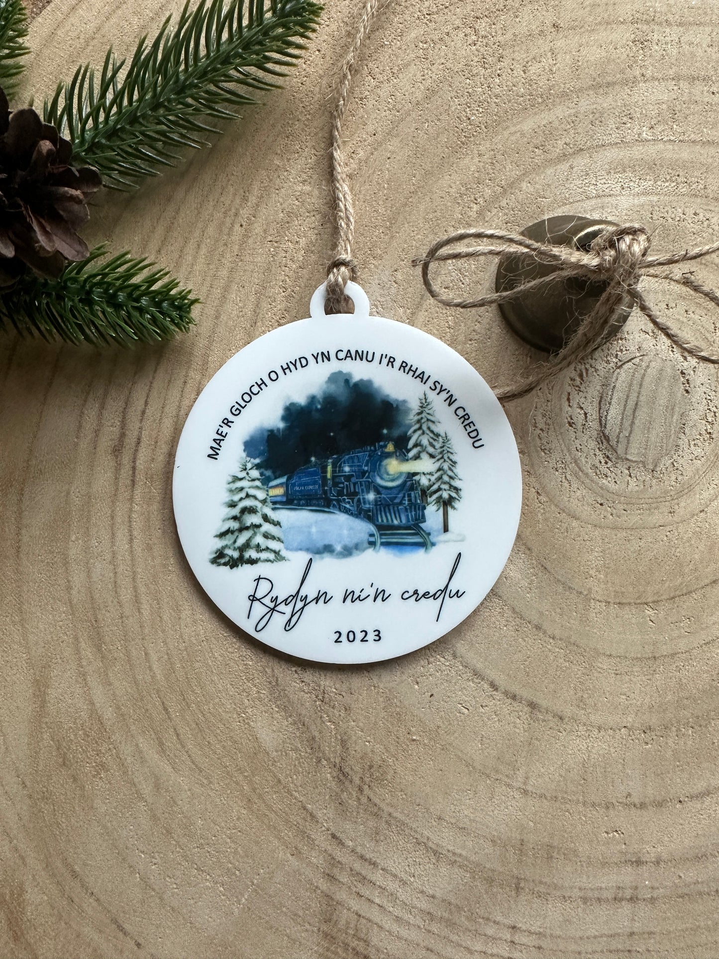 Personalised Believe Bauble - The bell always rings for those who truly believe -  Decoration, Tree Decoration, Bell - English or Welsh - Polar Express Style Train