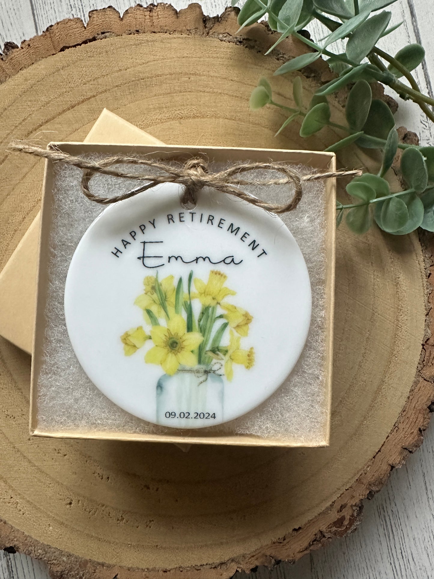 Personalised Retirement Ceramic Keepsake | Daffodils | English | Welsh | Boxed | Gift Bag | Matching Card | Colleague | Present | Ymddeoliad