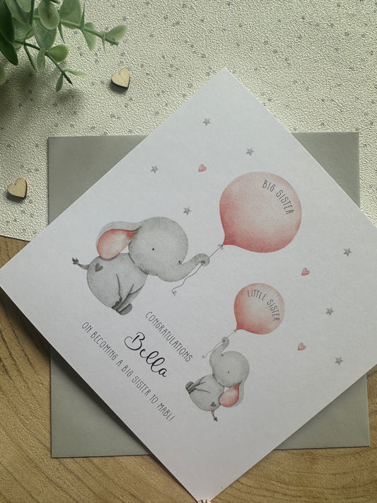 Personalised Handmade Big Sister Little Sister Big Brother Little Brother Congratulations Card English or Welsh