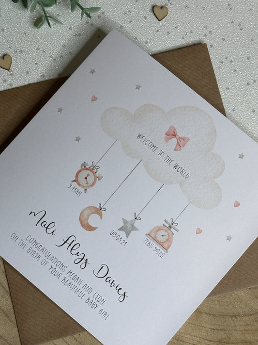 Personalised Handmade New Baby Girl Congratulations Card English or Welsh Llongyfarchiadau Welcome to the World Croeso i'r Byd