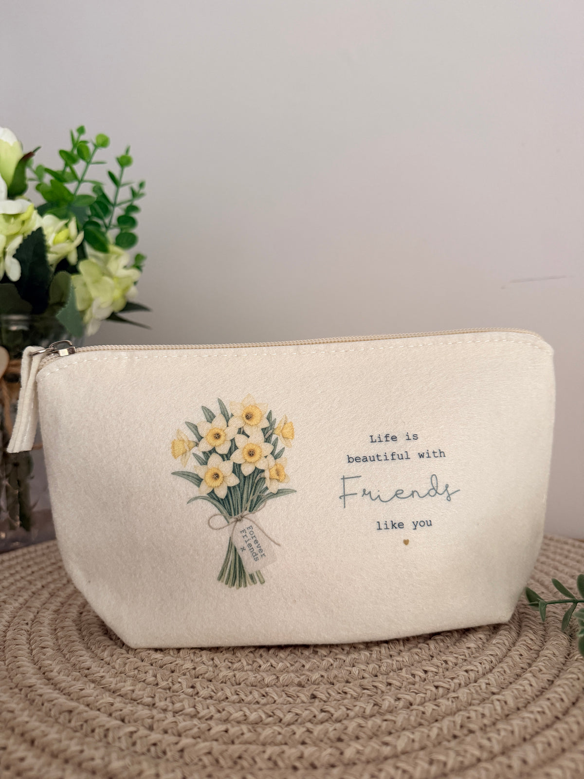 Personalised Makeup & Accessory Bag – Life is beautiful with friends like you, 24 Flower Types
