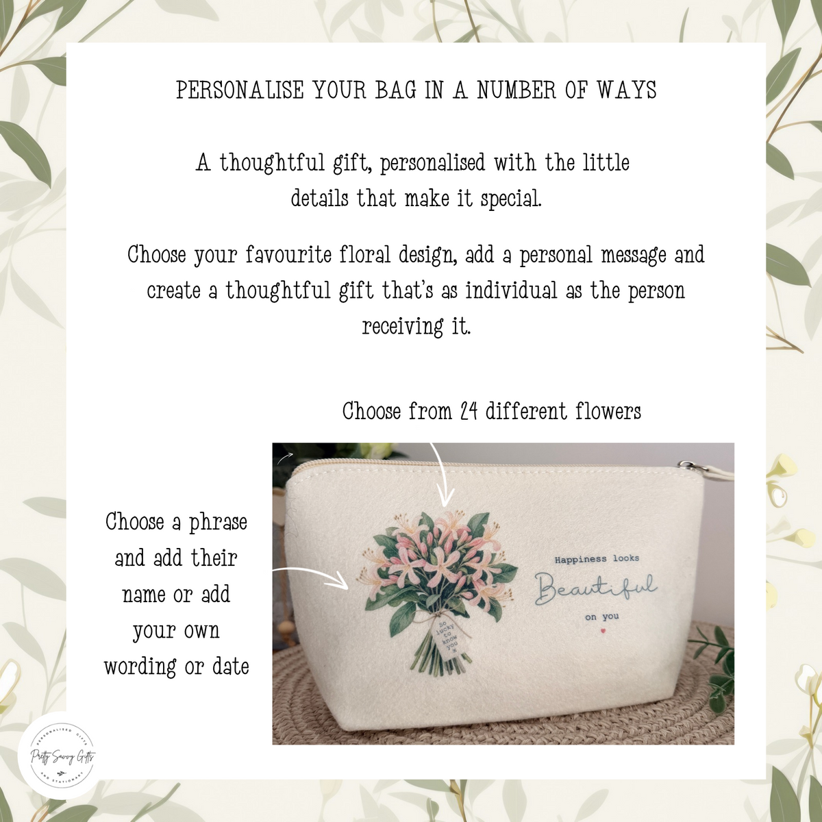 Personalised felt bag with a choice of floral designs, printed wording and a custom message tag.