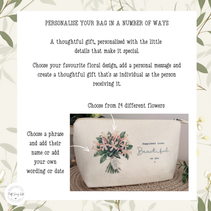 Personalised felt bag with a choice of floral designs, printed wording and a custom message tag.