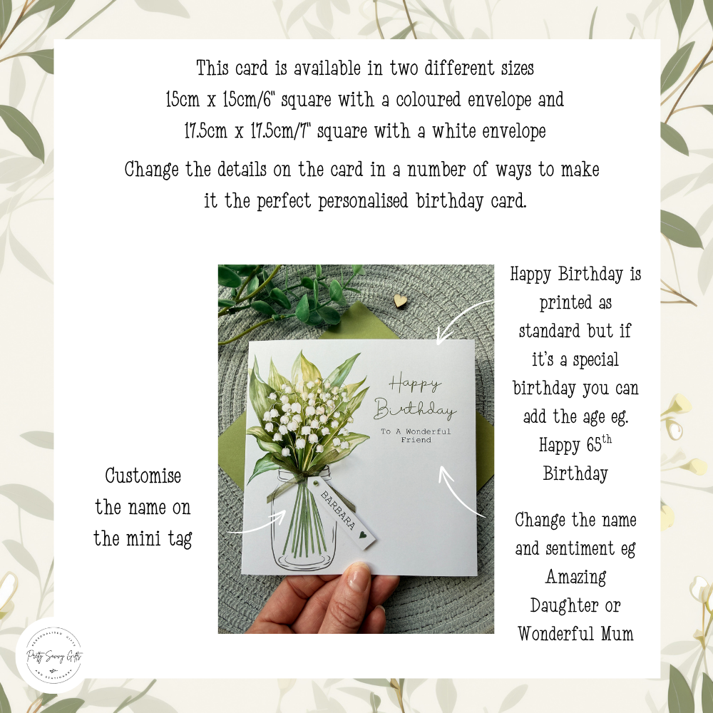 Personalised Birthday Card - Lily of the Valley Flowers - Mum, Friend, Auntie, Wife, Daughter, Sister