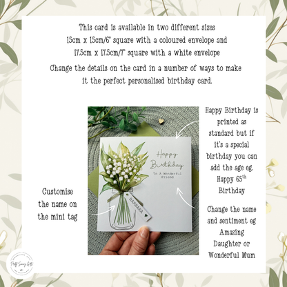 Personalised Birthday Card - Lily of the Valley Flowers - Mum, Friend, Auntie, Wife, Daughter, Sister