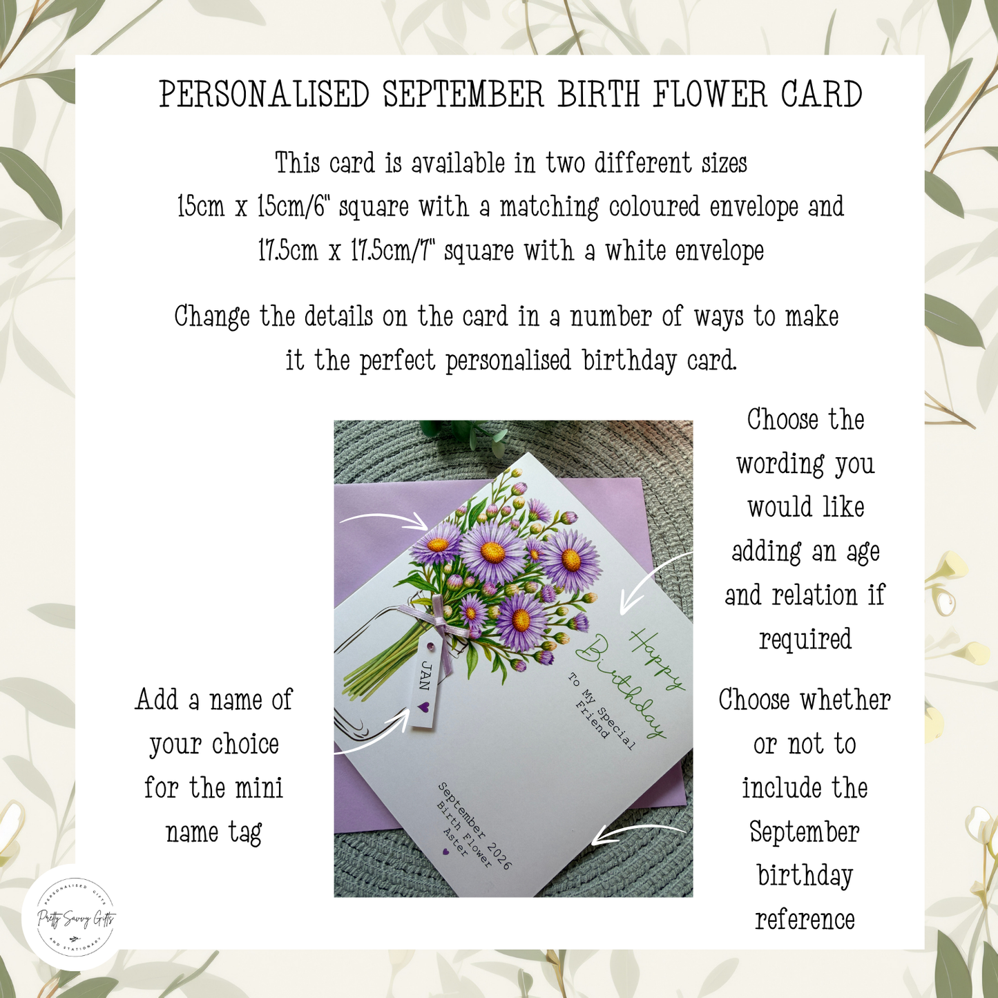 Personalised September Birthday Flower Card - Purple Aster