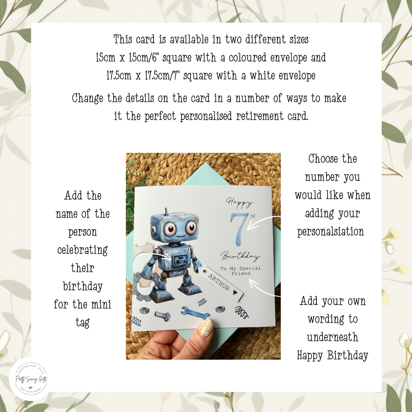 Personalised Robot Birthday Card,  Any Age Children's Card for Son, Grandson, Friend, Nephew etc with Custom Name Tag