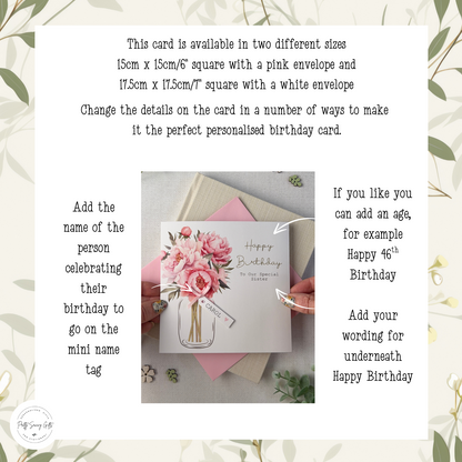 Personalised Birthday Card - Peony Flowers - Mum, Friend, Auntie, Wife, Daughter, Sister