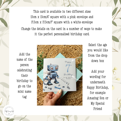 Personalised Robot Birthday Card,  Any Age Children's Card for Son, Grandson, Friend, Nephew etc with Custom Name Tag
