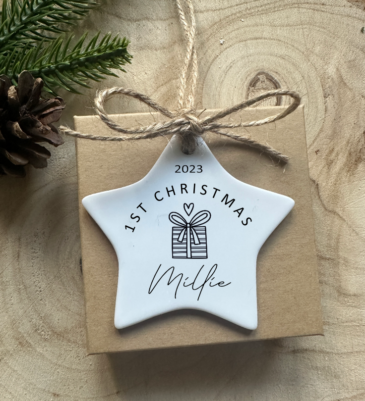 Personalised First Christmas Decoration | Christmas Gift | New Baby | Ceramic Star | English or Welsh | Happy Christmas | Nadolig Cyntaf