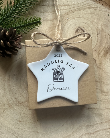 Personalised First Christmas Decoration | Christmas Gift | New Baby | Ceramic Star | English or Welsh | Happy Christmas | Nadolig Cyntaf