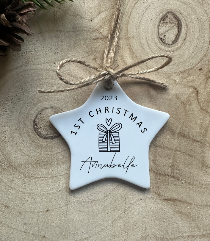 Personalised First Christmas Decoration | Christmas Gift | New Baby | Ceramic Star | English or Welsh | Happy Christmas | Nadolig Cyntaf