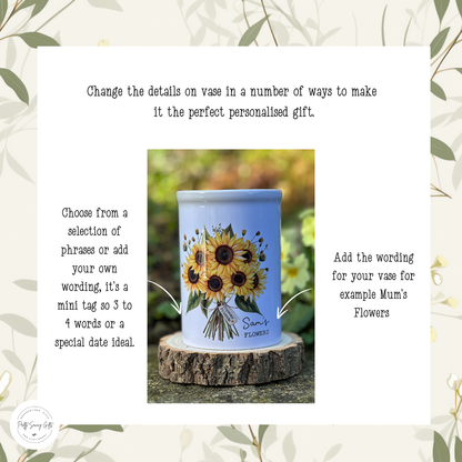 Decorative vase with sunflower design on a white background with text about personalization.